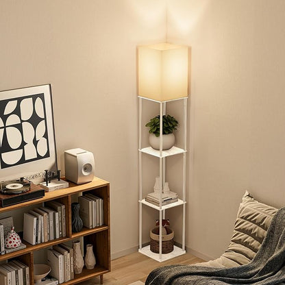 Gupuzm Floor Lamp with Shelves, Modern Square Standing Lamp with 3 Color Temperature Bulb, Corner Display Bookshelf Lamp for Living Room, Bedroom and Office（White）