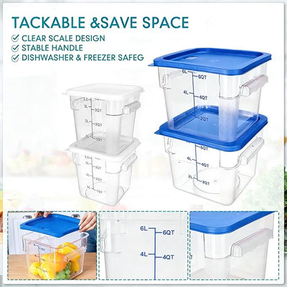 Lallisa 4 Pcs 8 Qt and 4 Qt Clear Food Storage Containers with Lids, Handles and Scales, Commercial Grade Square Containers Polycarbonate Air Tight for Home Storage Kitchen Restaurant (White, Blue)