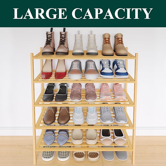 Smiry Bamboo Shoe Rack 5-Tier, Stackable Wooden Shoe Organizer for Entryway & Closet, Free Standing Wood Shoe Storage Shelf for Front Door & Small Spaces, Natural