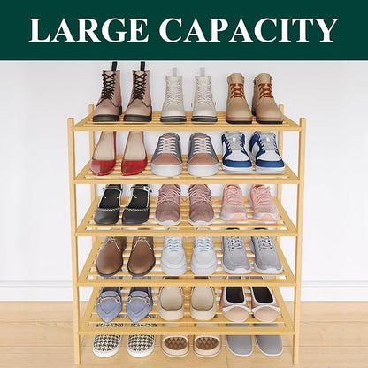 Smiry Bamboo Shoe Rack 5-Tier, Stackable Wooden Shoe Organizer for Entryway & Closet, Free Standing Wood Shoe Storage Shelf for Front Door & Small Spaces, Natural