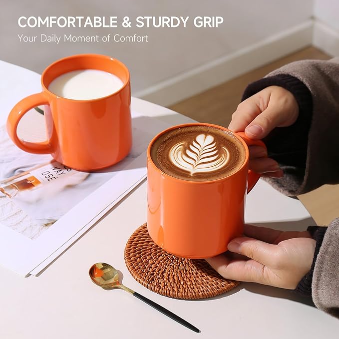 Coffee Mugs Set of 4, Stoneware Coffee Cups with Comfortable Handle, 16oz Ceramic Mugs for Kitchen & Office, Dishwasher & Microwave Safe - Orange