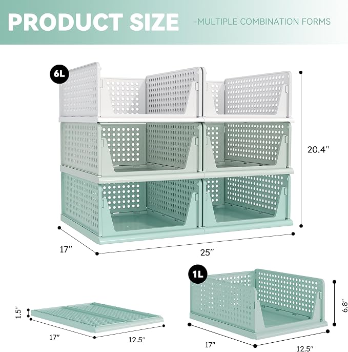 Pinkpum Green Boy Closet Organizers and Storage Stackable Plastic Drawer Basket for Clothing Stackable Storage Bins Shelf Storage Container for Rv Closet Wardrobe Bedroom Bathroom Playroom Man 6 Pack