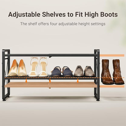 ELYKEN Shoe Rack, 2-Tier Expandable Shoe Organizer for Entryway, Metal Black Shoe Shelf with 4 Hooks, Ajustable Shoe Stand Holder for Closet, Garage, Door Entrance