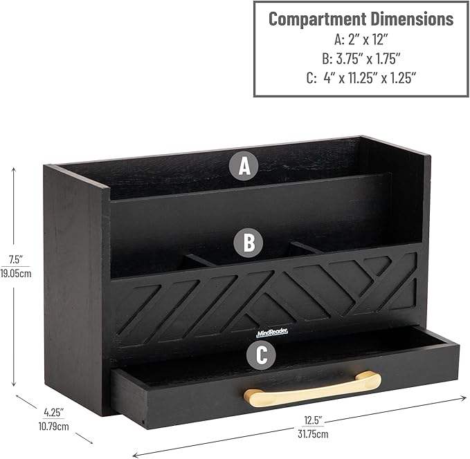Mind Reader 5-Compartment Desktop Organizer, Rustic Wooden Storage Rack with Drawer for Papers, Accessories, and Office Supplies, 12.5" L x 4.25" W x 7.5" H, Black