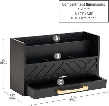 Mind Reader 5-Compartment Desktop Organizer, Rustic Wooden Storage Rack with Drawer for Papers, Accessories, and Office Supplies, 12.5" L x 4.25" W x 7.5" H, Black