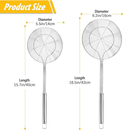 Pack of 2 Large Spider Strainer, Stainless Steel Skimmer Basket,Kitchen Ladle Strainers,Mesh Spoons with Long Handle, Cooking Tools for Frying, Boiling Noodles, Dumplings, Pasta