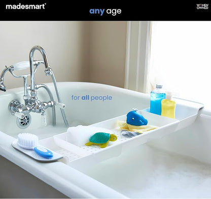 madesmart Expandable Bath Shelf, Adjustable Bathtub Tray for Bath-Night, Holds Glasses, Soaps, Toys & Bath Essentials, Non-Slip Grip, Fits Most Tubs, White