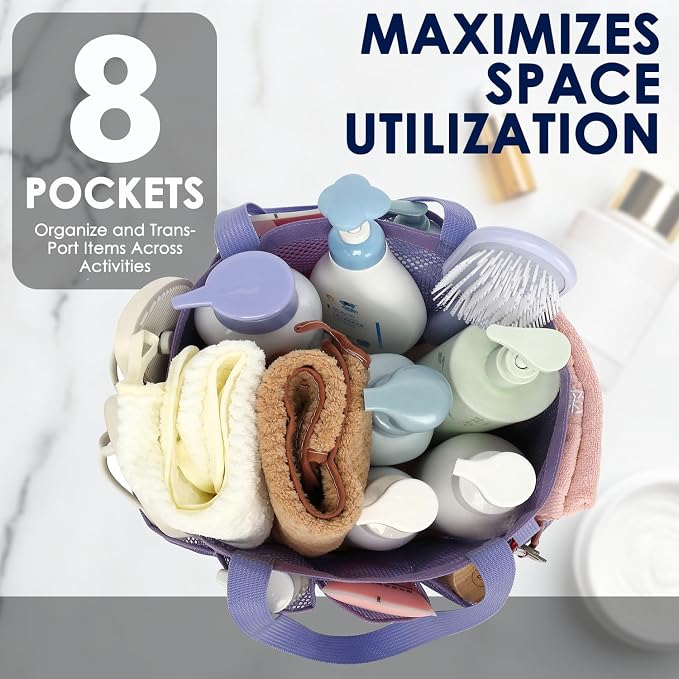 GYEUKHAM Mesh Shower Caddy Portable for College Dorm, Quick Dry Hanging Shower Bag with 8 Pockets, Bathroom Tote Organizer for Gym, Travel, Camping, Purple