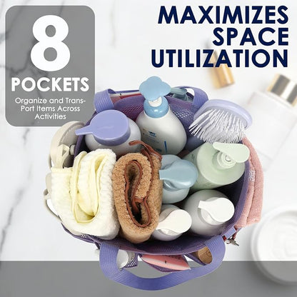 GYEUKHAM Mesh Shower Caddy Portable for College Dorm, Quick Dry Hanging Shower Bag with 8 Pockets, Bathroom Tote Organizer for Gym, Travel, Camping, Purple