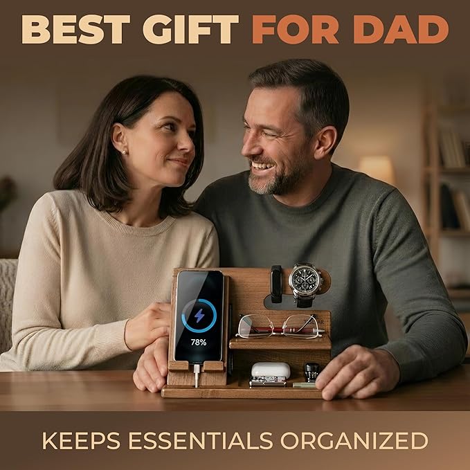 TESLYAR Wood Phone Docking Station for Men - Desktop or Nightstand Organizer - Birthday Gifts for Men, Dad - Anniversary Idea from Wife - Key Holder, Stand Wallet, Watch & Essentials (Earth Beige)