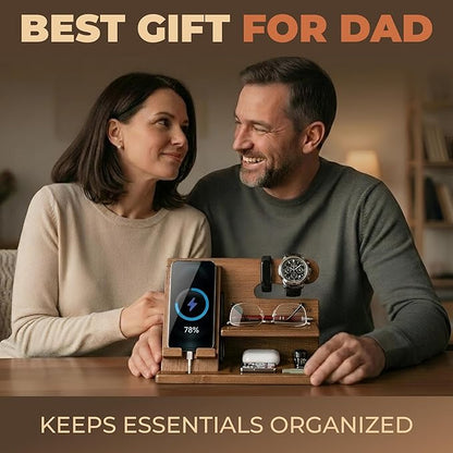 TESLYAR Wood Phone Docking Station for Men - Desktop or Nightstand Organizer - Birthday Gifts for Men, Dad - Anniversary Idea from Wife - Key Holder, Stand Wallet, Watch & Essentials (Earth Beige)