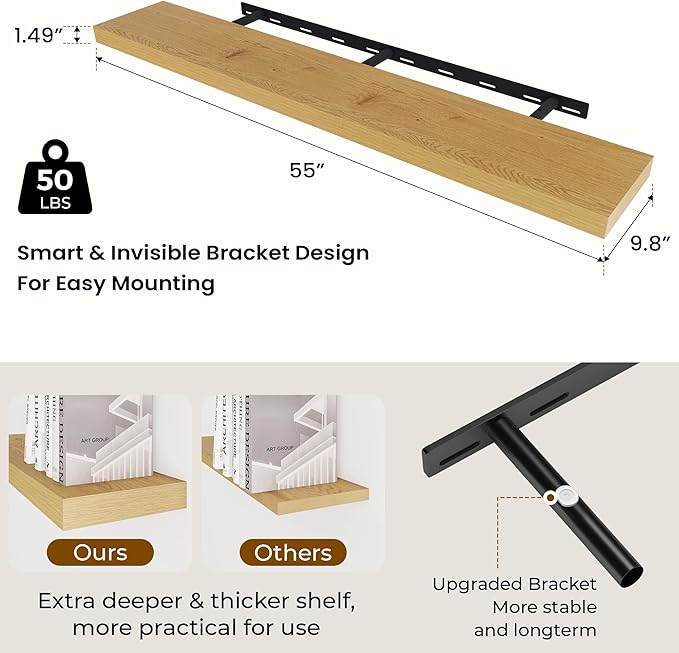 Dreamland 55 Inches Floating Shelves for Wall, 9.8" Deep Long Floating Shelves Set of 1, Large Display & Storage Shelf, Wall Shelf for Bathroom Bedroom Living Room Kitchen Office, Oak