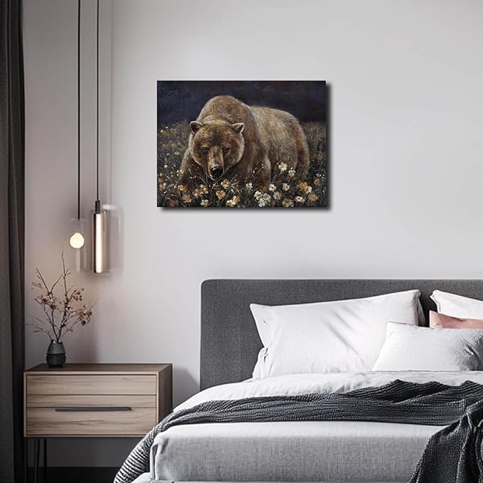 LEVERUP Bear Pictures Wall Artwork Brown Wall Art Printing Posters Wall Flowers Home Decor for Dining Room Office Living Room Decor Home 12×16 Inches