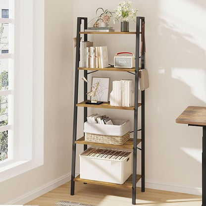Ladder Shelf, Bookshelf Bookcase, Freestanding Corner Storage Shelve with 2 Hooks for Home Office, Living Room, Kitchen, Bedroom, Industrial, 11.8" D x 23.6" W x 63" H, Rustic Brown BC19301B
