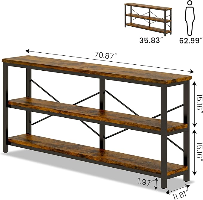 71inch Sofa Tables Extra Long Couch Table, Narrow Long Console, Entryway Table,Sofa Table with 3 Tiers Storage Shelves (Rustic Brown)