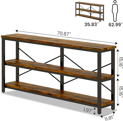 71inch Sofa Tables Extra Long Couch Table, Narrow Long Console, Entryway Table,Sofa Table with 3 Tiers Storage Shelves (Rustic Brown)