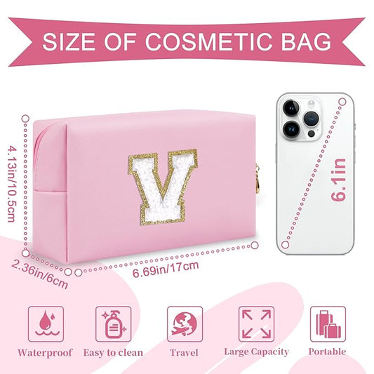 Personalized Initial A-Z Preppy Patch Makeup Bag,Small PU Chenille Letter Cosmetic Bag with Zipper for Teen Girls,Pink Cute Toiletry Organizer Bag,Monogram Makeup Case Gift for Women Girls,Letter V