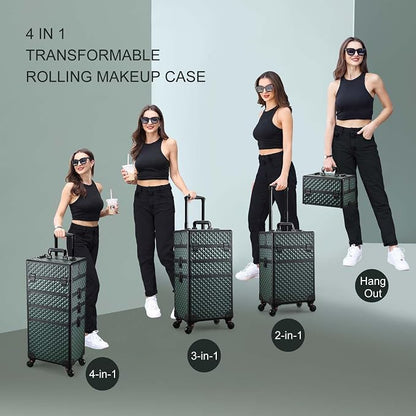 Stagiant Rolling Makeup Train Case Cosmetology Case on Wheels 4 in 1 Cosmetic Box Makeup Travel Case with Key Swivel Wheels Nail Artist Salon Barber StorageTraveling Cart Trunk Dark Green