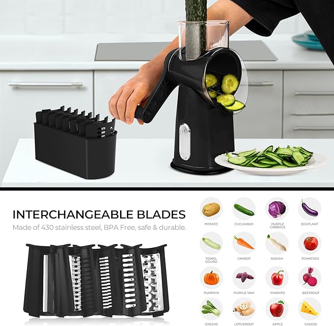 SUSTEAS Rotary Cheese Grater with Handle - Vegetable Shredder with 5 Well-designed Blades & Strong Suction Base,Round Mandoline Slicer & Food Chopper for Kitchen,with Blade Storage Box(Black)