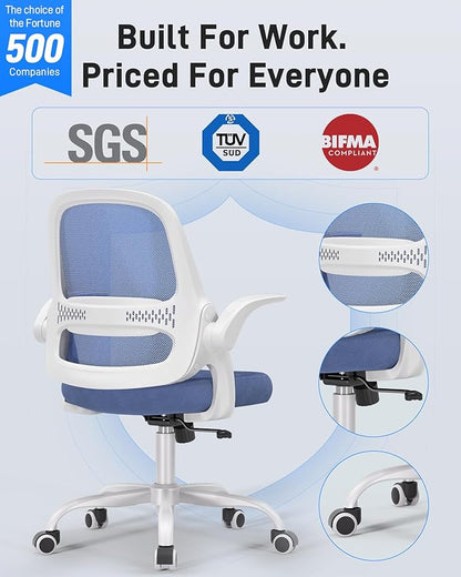 Ergonomic Mesh Office Chair for Home Office, Flip-Up Arms, Breathable Mesh Back & Thick Seat Cushion, Swivel Rolling Computer Desk Chair – BIFMA Certified, Supports 300 lbs (White Frame/Blue Seat)
