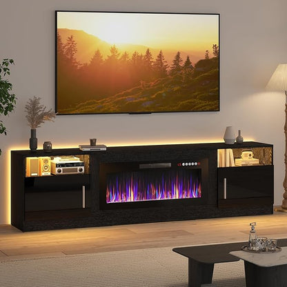 LEMBERI 80 Inch Fireplace TV Stand for TVs up to 90", 36" Electric Fireplace Entertainment Center with 20-Color LED, 300lbs Max Capacity Modern Wood Media Console Cabinet, Black