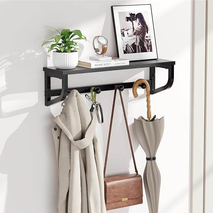 Coat Rack Wall Mount, Wood Wall Shelf with Hooks, Coat Hanger Wall Mount with 4 Metal Hooks, Wall Mounted Coat Rack Organizer for Entryway, Bedroom, Living Room, Room Decor, Black