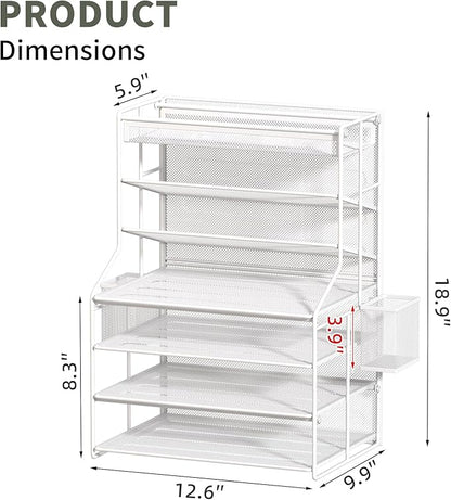 7 Tier Desk File Organizer,Metal Document Holder with Adjustable Shelves, Pull-Out Drawer & Removable Pen Holder for Office Organization,White