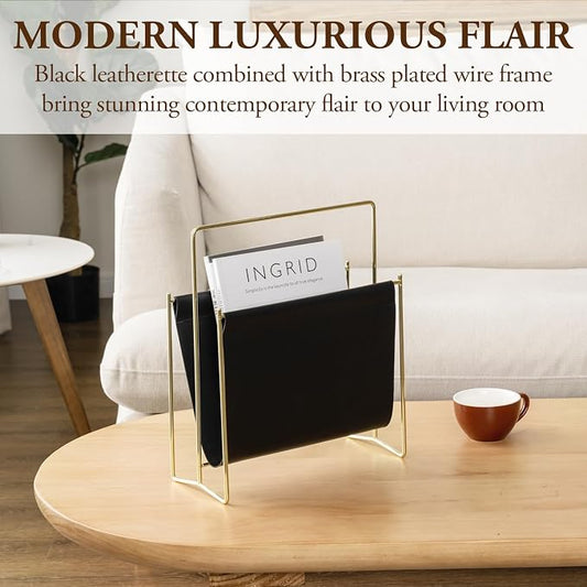 MyGift 13 Inch Modern Black Leatherette Magazine Holder Floor Standing Sling Style Rack with Gold Tone Metal Frame