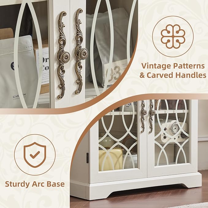 67" Tall Pantry Cabinet Set of 2, Vintage Kitchen Pantries Cabinets with Glass Doors & Adjustable Shelves, Wood Cupboard with Large Storage for Dingning Room, Bathroom, Antique White