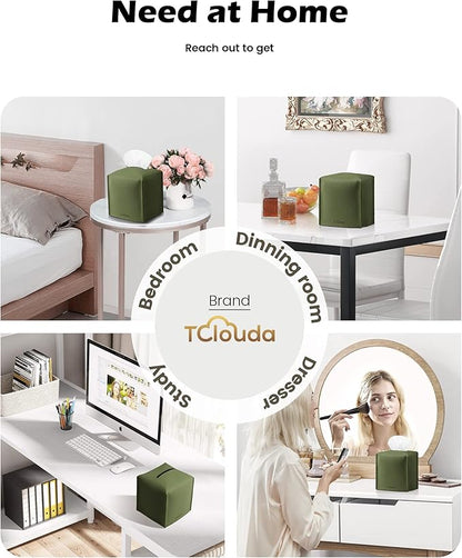 Tclouda Tissue Box Cover for PU Leather, Modern Simple Solid Color Holder Square Tissue Bag, Ideal for Bathrooms,Office,Car,Nightstand,Outdoor Tent,Dining Table,5"X5"X5", Single Green