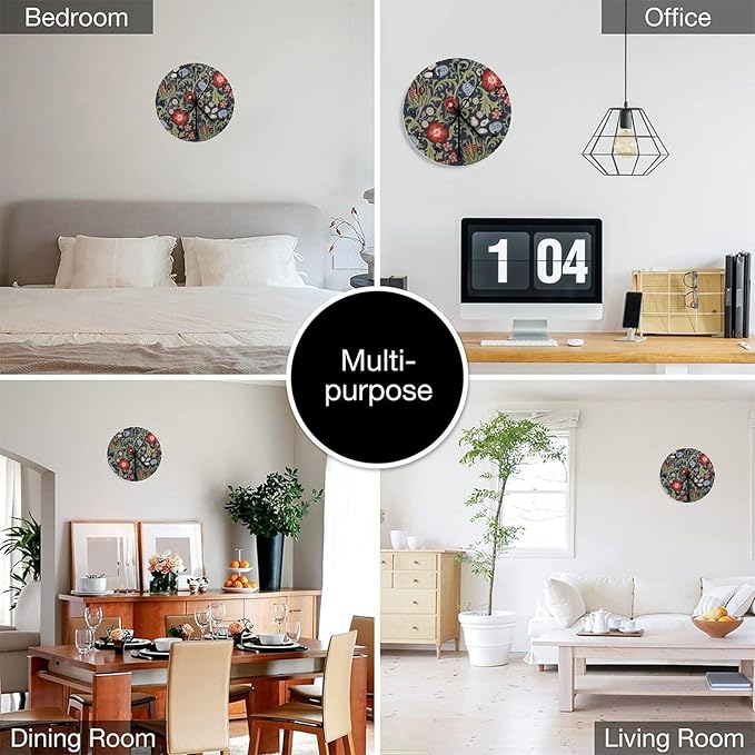 Retro Floral Wall Clock Silent Non Ticking Battery Operated, Vintage William Morris Style Blue Garden Plants Herbs Red Flowers Clock Decorative for Bathroom Kitchen Bedroom Living Room(12 Inch)