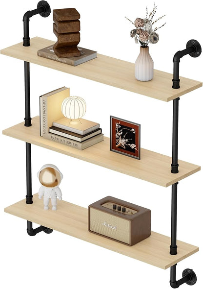 3-Tier Industrial Pipe Floating Shelf – Rustic 36 inch Wood Wall-Mounted Storage Shelf for Kitchen Office,Bathroom & Home Decor -White Oak