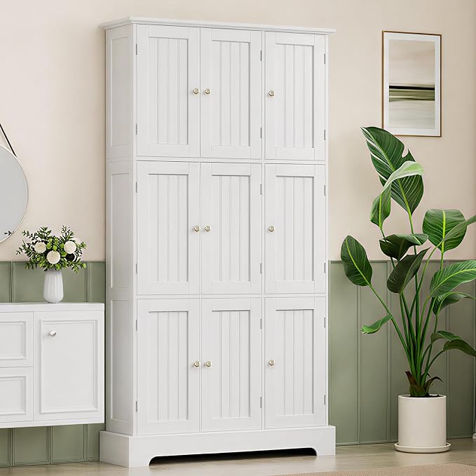 ChooChoo Bathroom Storage Cabinet with 9 Doors, Narrow Floor Cabinet with Adjustable Shelves, White Slim Pantry Cabinet for Kitchen, Bathroom, Laundry Room, Living Room