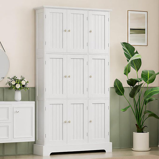 ChooChoo Bathroom Storage Cabinet with 9 Doors, Narrow Floor Cabinet with Adjustable Shelves, White Slim Pantry Cabinet for Kitchen, Bathroom, Laundry Room, Living Room