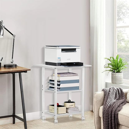 Lerliuo 3-Tier Printer Stand, Industrial Mobile Printer Table with Storage Shelf and Steel Frame, Rolling Printer Cart Holder with Lockable Wheels for Home, Office (White)