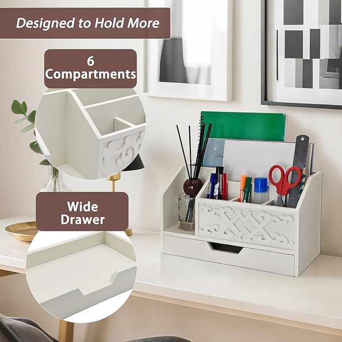 White Wooden Mail Organizer with Drawer, Three Tiered Desk Accessories for Office Organization and Storage, Stylish Countertop Document Storage, Home/Office/Classroom Supplies (White03)
