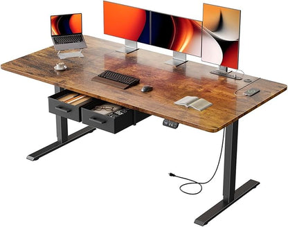 HLDIRECT Electric Standing Desk, 63 x 31.5 Inches Height Adjustable Table with Outlets, Sit Stand Computer Desk with Drawers for Home Office, Ergonomic Rising Workstation, Rustic Brown