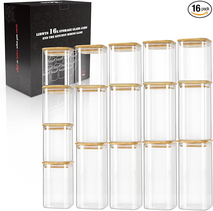 LIBWYS 16-Pack Square Glass Storage Jars with Bamboo Lids (0.6Qt/1.06Qt) - Stackable Food Containers for Pantry Organization, Coffee, Flour, Snacks, Tea | Kitchen Canisters Set