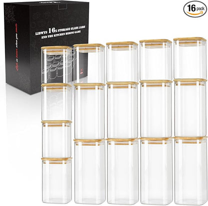LIBWYS 16-Pack Square Glass Storage Jars with Bamboo Lids (0.6Qt/1.06Qt) - Stackable Food Containers for Pantry Organization, Coffee, Flour, Snacks, Tea | Kitchen Canisters Set