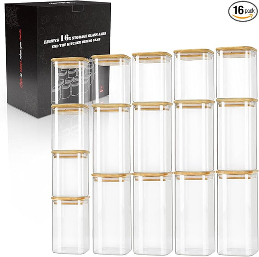 LIBWYS 16-Pack Square Glass Storage Jars with Bamboo Lids (0.6Qt/1.06Qt) - Stackable Food Containers for Pantry Organization, Coffee, Flour, Snacks, Tea | Kitchen Canisters Set