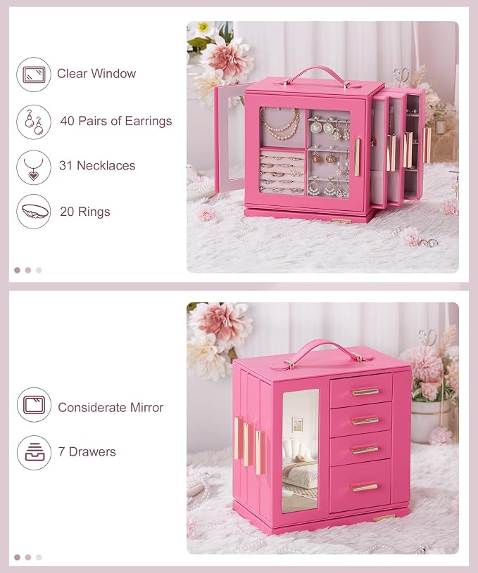 Homde Jewelry Box 360° Rotating, Necklace Earring Organizer with Transparent Window, Mirror, 7 Drawers, Large Ring Display Storage Case for Girls Women (Pink)