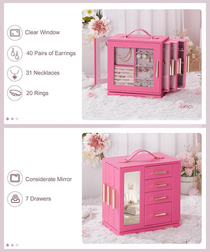Homde Jewelry Box 360° Rotating, Necklace Earring Organizer with Transparent Window, Mirror, 7 Drawers, Large Ring Display Storage Case for Girls Women (Pink)