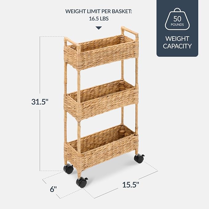 Best Choice Products 3-Tier Slim Water Hyacinth Rolling Nursery Caddy w/Wheels, Handwoven Utility Cart, Narrow Storage Organization for Bathroom, Craft Room, Laundry Room - Natural