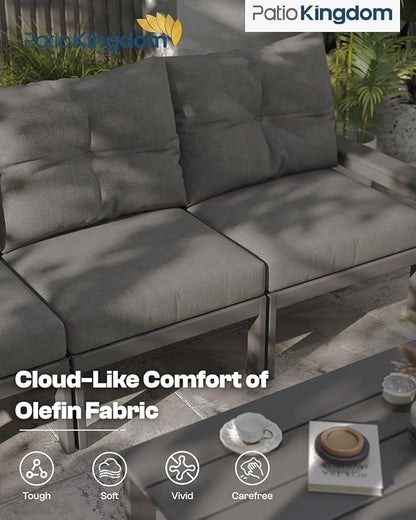 HDPE Outdoor Patio Furniture Set, 6-Piece Patio Conversation Sets with Coffee Table & Side Table & Grey Washable Thick Cushions, Outdoor Sofa for Balcony, Porch, Poolside (Grey Frame)