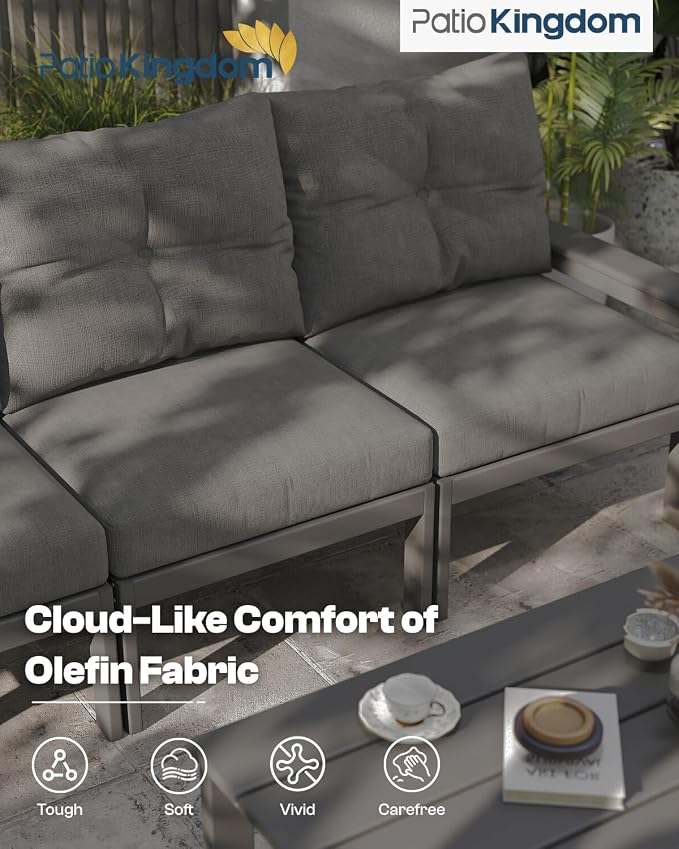 Grey HDPE Patio Sofa Set, 4-Piece Sectional Outdoor Patio Furniture Set, All Weather Outdoor Couch Set with Coffee Table & Washable Thick Cushions for Balcony, Porch, Poolside