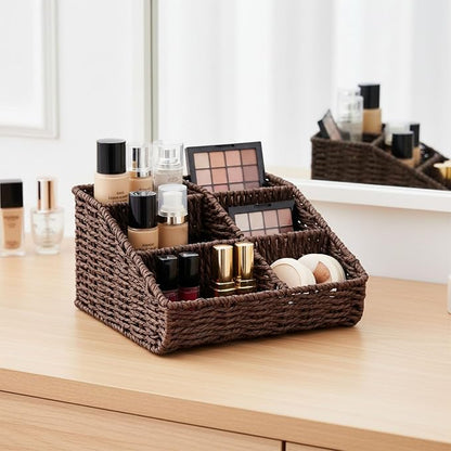 Makeup Organizer, Hand-woven Wicker Basket for Dresser Vanity and Bathroom Countertop, 6 Compartment Skincare Organizer Cosmetic Display Case, Beauty Holder for Lipstick Brush Eyeshadow - Brown