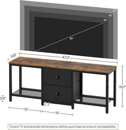 YATINEY TV Stand for TVs up to 55", Entertainment Center with 2 Fabric Drawer, Media Console with Shelves, Television Stands for Living Room, Bedroom, Rustic Brown and Black DS02BR