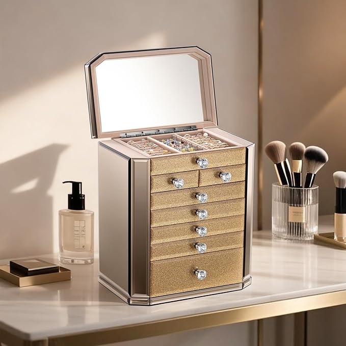 Large High End Glass Jewelry Box - 7 Layer Jewelry Organizer with Mirror, 2-Sided Doors, Velvet-Lined Storage for Rings, Necklaces, Earrings, Bracelets - Christmas Gift for Women