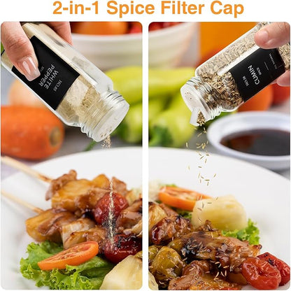 6 Pcs Glass Spice Jars with Label, 4oz Spice Jars with Lids, Seasoning containers Set, Comes with spice bottle caps, Silicone Collapsible Funnel,chalk, for Spice Rack, Cabinet, Drawer