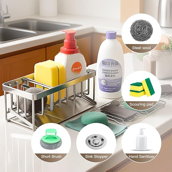 MAXCOOK Sink Caddy Sponge Holder for Kitchen, 18/8 Stainless Steel Self Drain Tray, Soap holder with Divider(Silver)